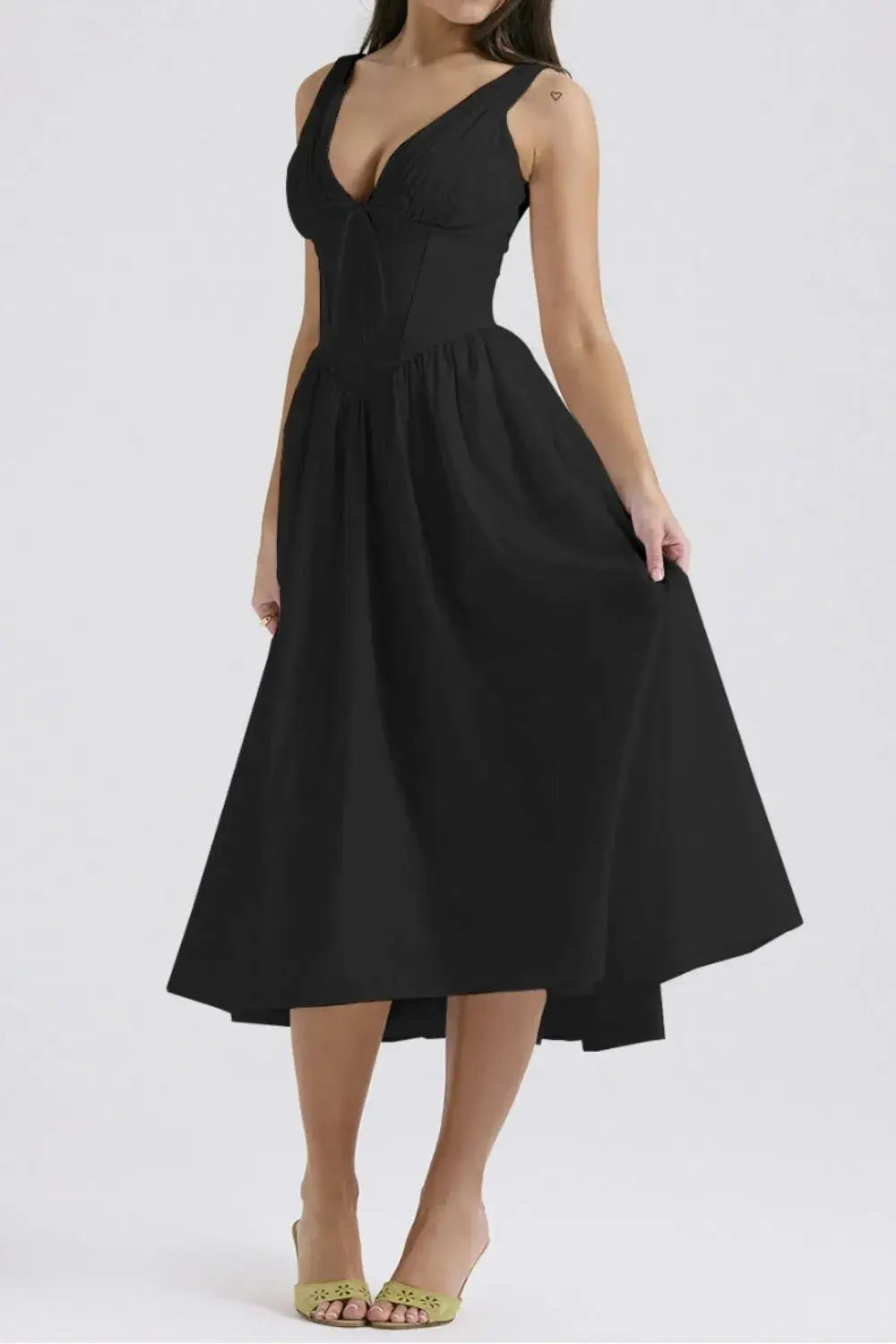 Ruched V-Neck Sleeveless Dress with Pockets - dress