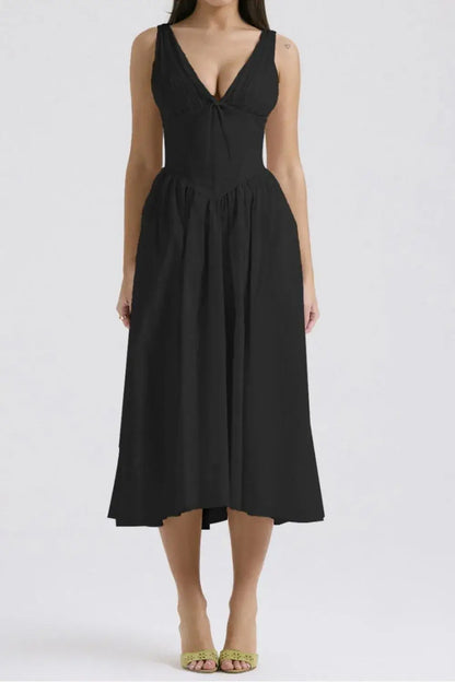 Ruched V-Neck Sleeveless Dress with Pockets - Black / S - dress