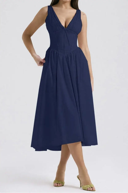 Ruched V-Neck Sleeveless Dress with Pockets - Dark Blue / S - dress