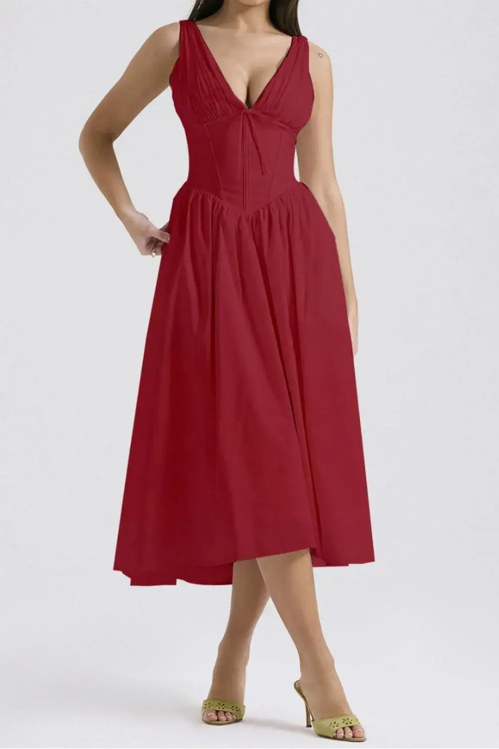 Ruched V-Neck Sleeveless Dress with Pockets - Deep Red / S - dress