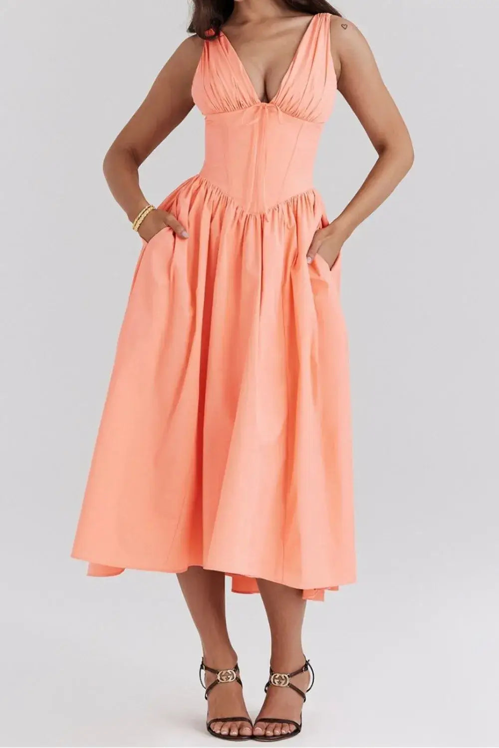 Ruched V-Neck Sleeveless Dress with Pockets - Watermelon pink / S - dress