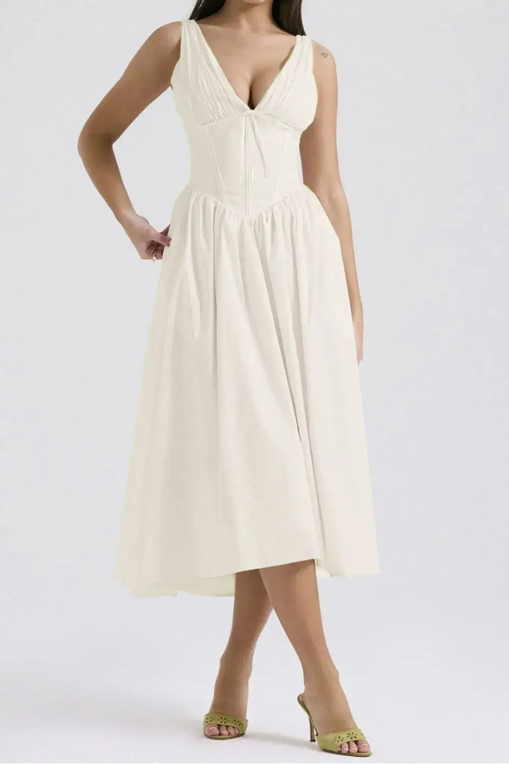 Ruched V-Neck Sleeveless Dress with Pockets - White / S - dress
