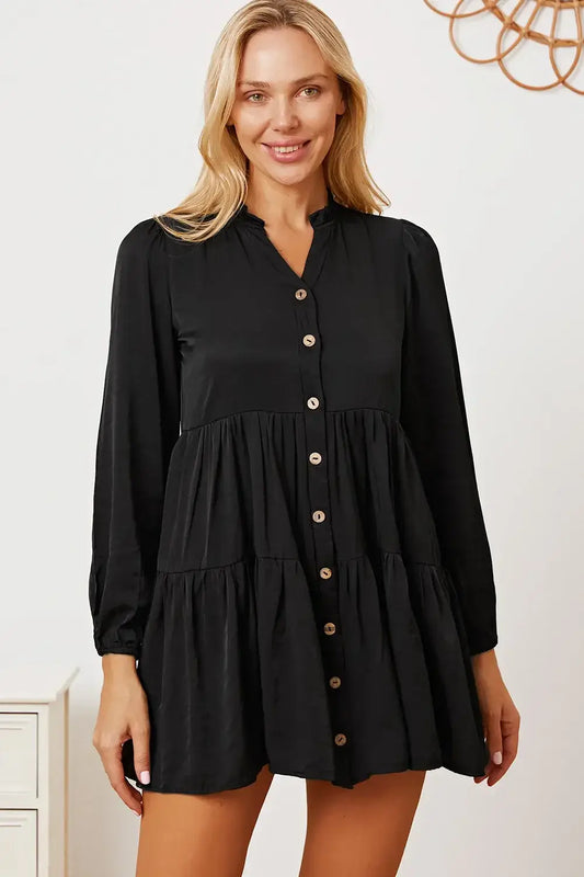 Ruffled Button Up Long Sleeve Tiered Shirt - Black / XS