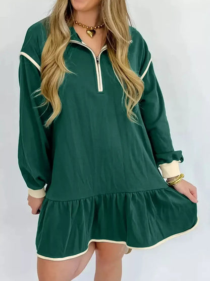 Ruffled Hem Dropped Shoulder Mini Dress - Dark Green / S - Mini Dress