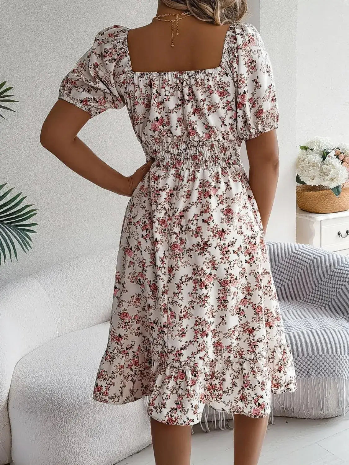 Ruffled Hem Floral Puff Sleeve Dress - dress