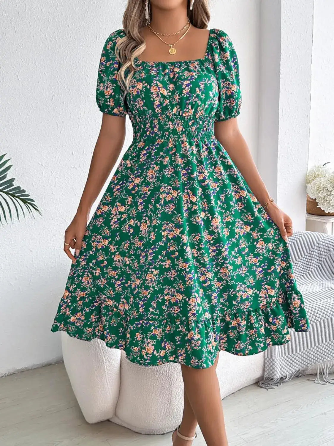Ruffled Hem Floral Puff Sleeve Dress - dress