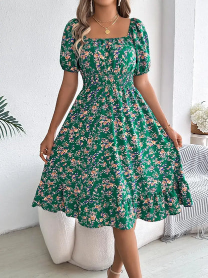 Ruffled Hem Floral Puff Sleeve Dress - dress