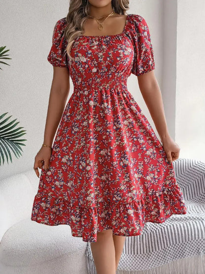 Ruffled Hem Floral Puff Sleeve Dress - dress
