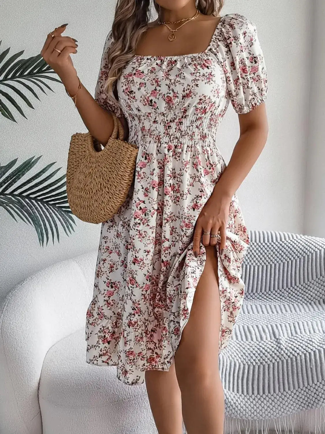 Ruffled Hem Floral Puff Sleeve Dress - dress