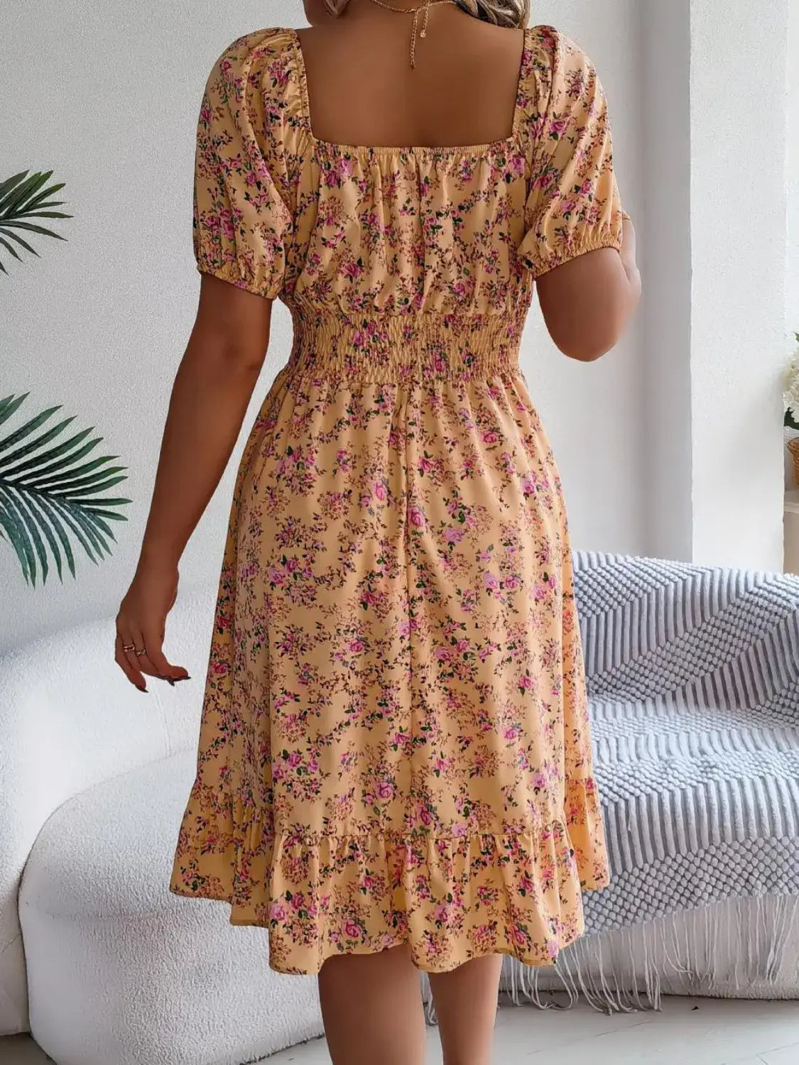 Ruffled Hem Floral Puff Sleeve Dress - dress