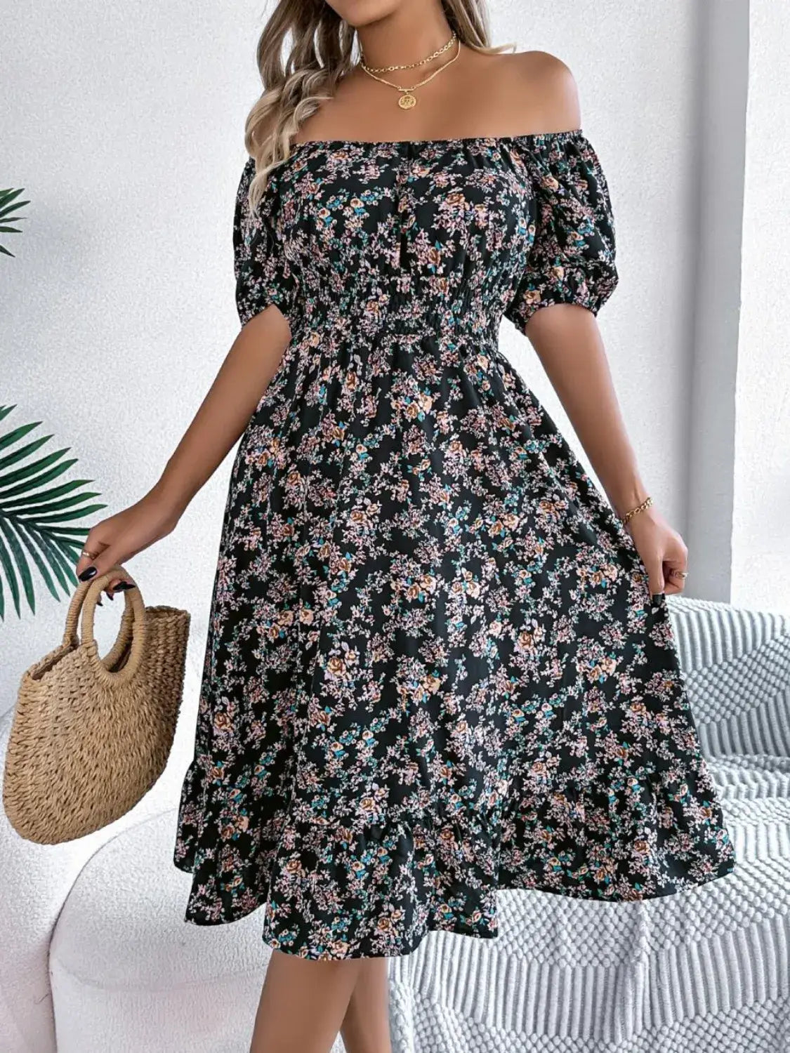 Ruffled Hem Floral Puff Sleeve Dress - dress