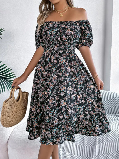 Ruffled Hem Floral Puff Sleeve Dress - dress