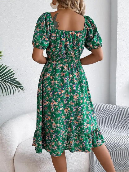 Ruffled Hem Floral Puff Sleeve Dress - dress