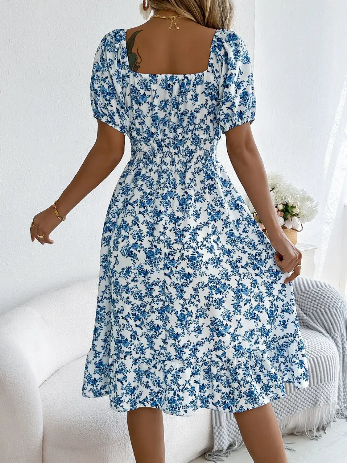Ruffled Hem Floral Puff Sleeve Dress - dress