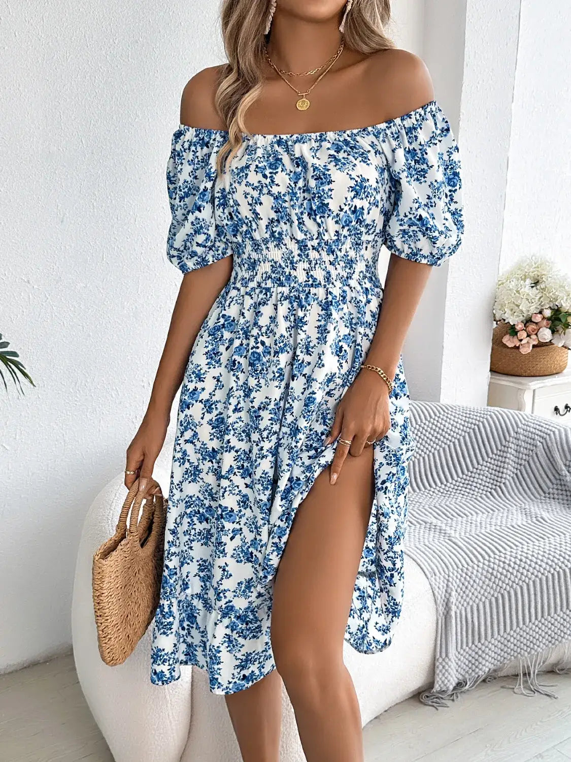 Ruffled Hem Floral Puff Sleeve Dress - dress