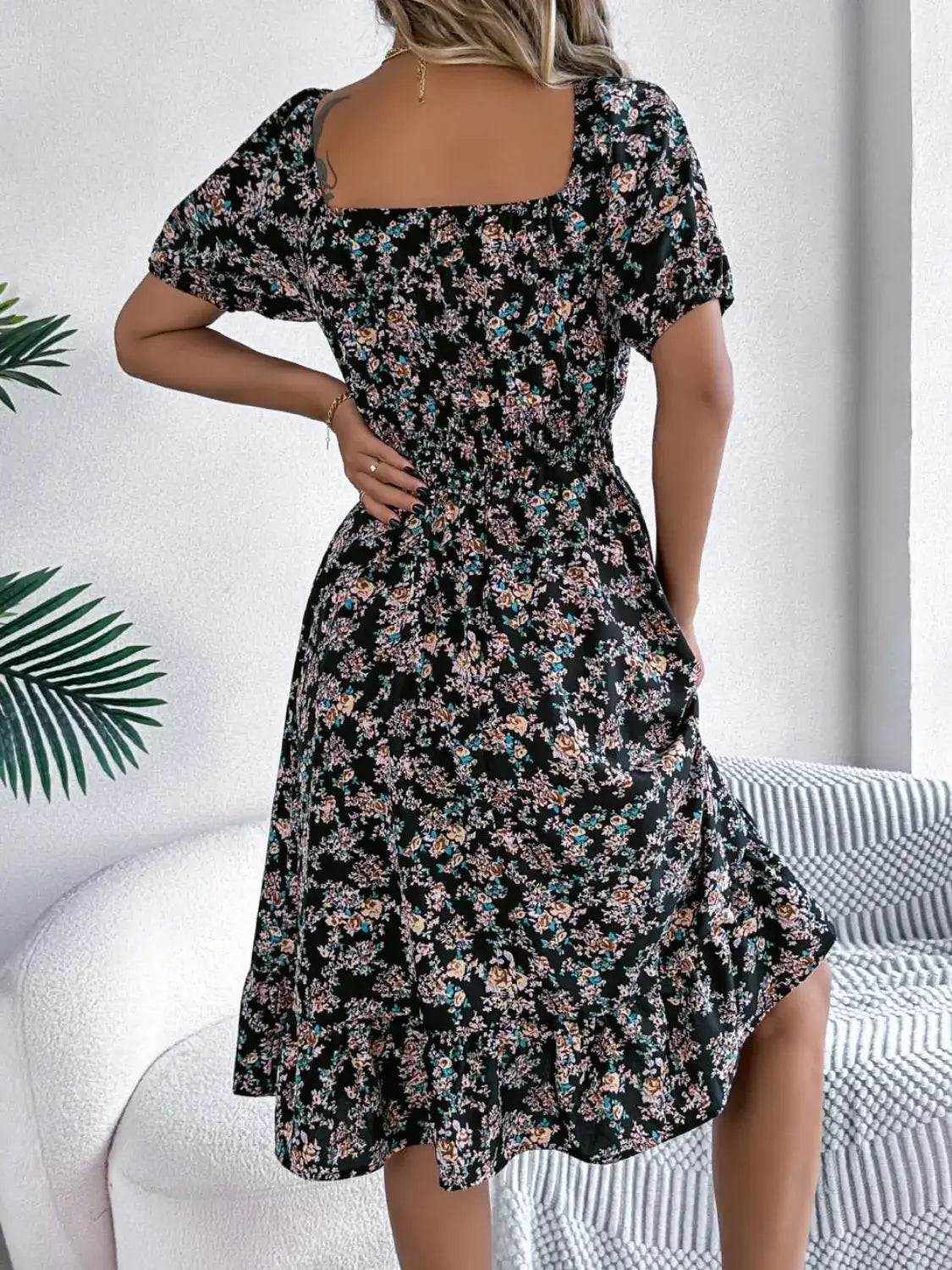 Ruffled Hem Floral Puff Sleeve Dress - dress