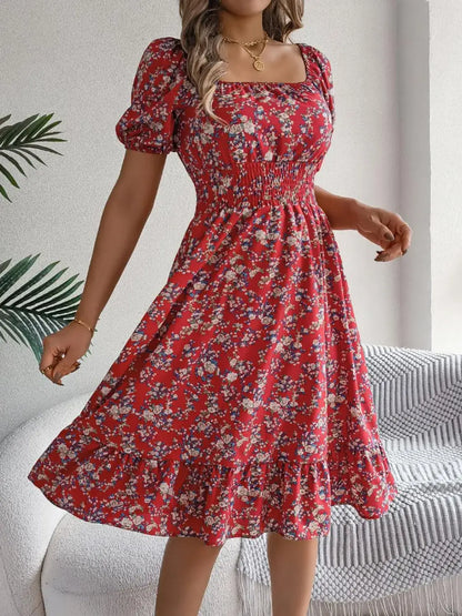 Ruffled Hem Floral Puff Sleeve Dress - dress