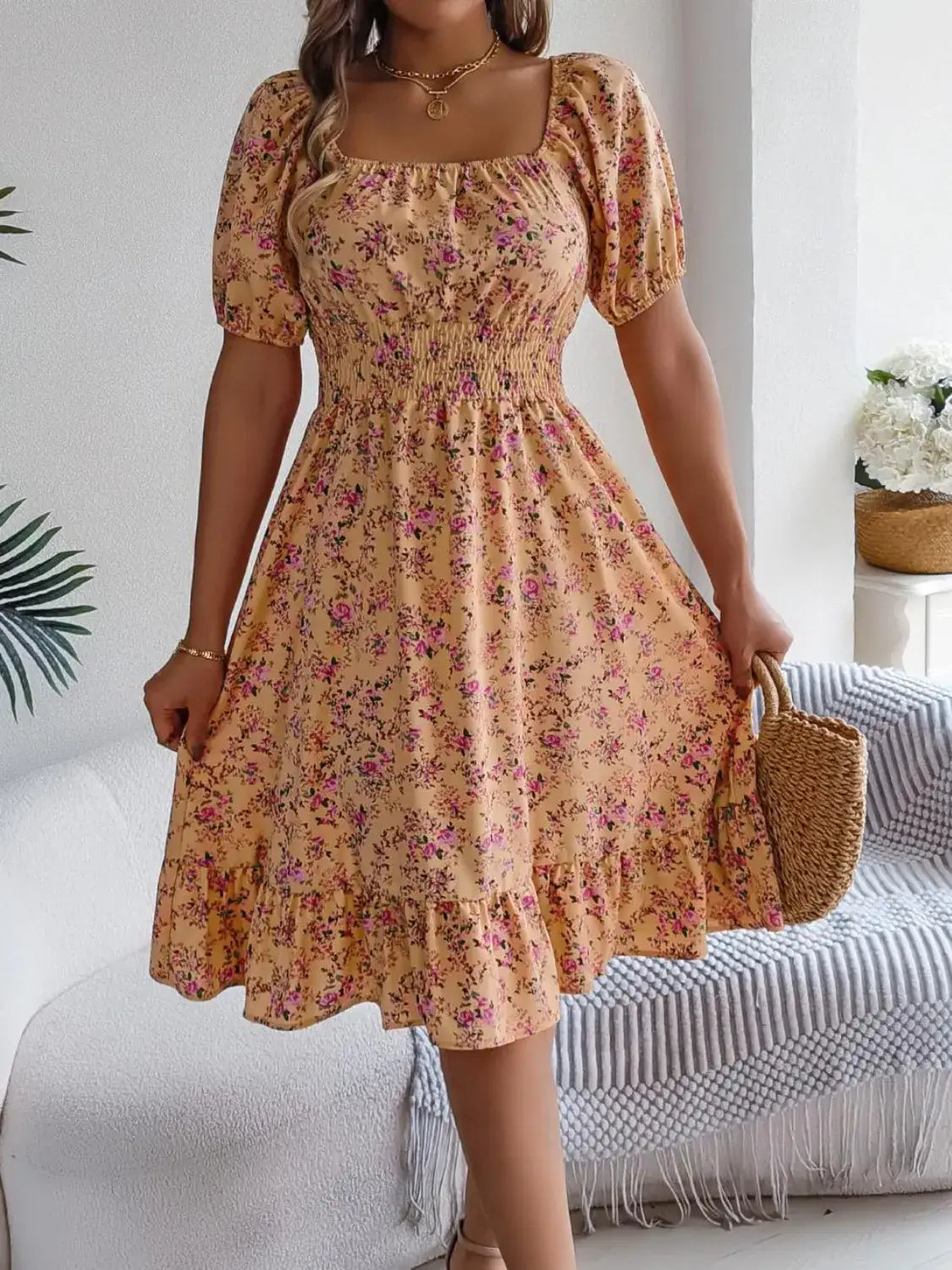 Ruffled Hem Floral Puff Sleeve Dress - dress