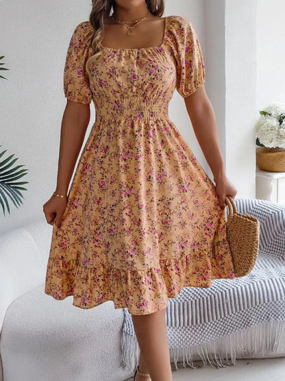 Ruffled Hem Floral Puff Sleeve Dress - dress