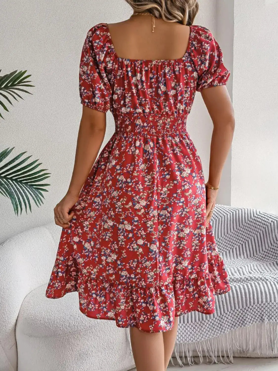 Ruffled Hem Floral Puff Sleeve Dress - dress