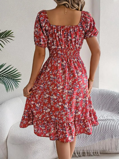 Ruffled Hem Floral Puff Sleeve Dress - dress