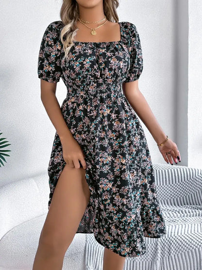 Ruffled Hem Floral Puff Sleeve Dress - dress
