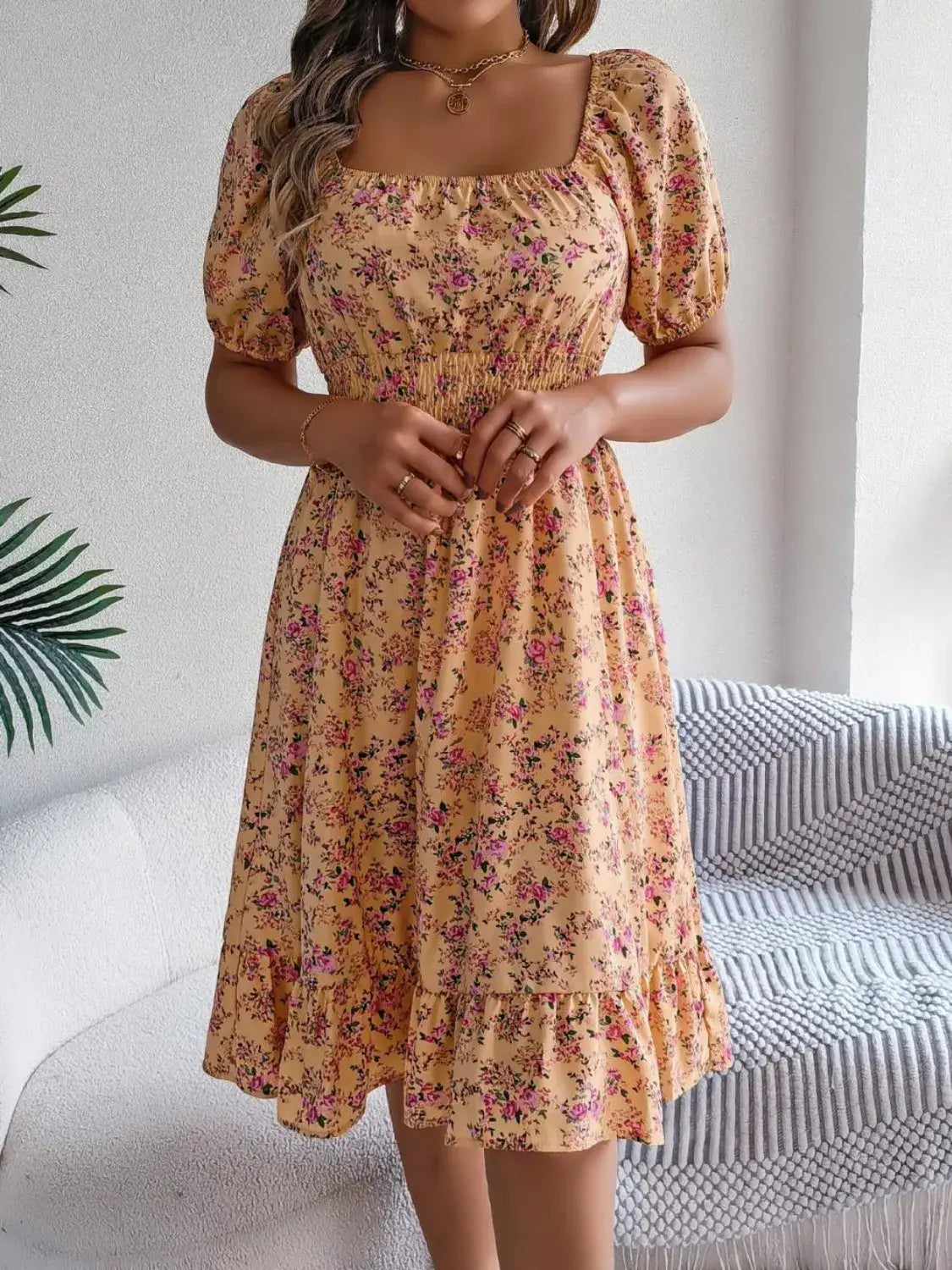Ruffled Hem Floral Puff Sleeve Dress - dress