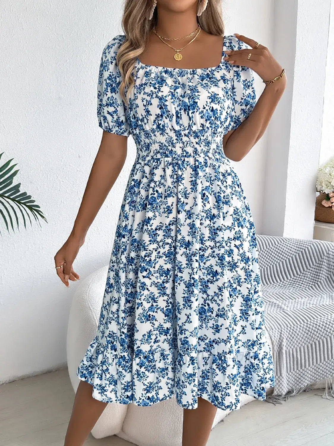 Ruffled Hem Floral Puff Sleeve Dress - dress
