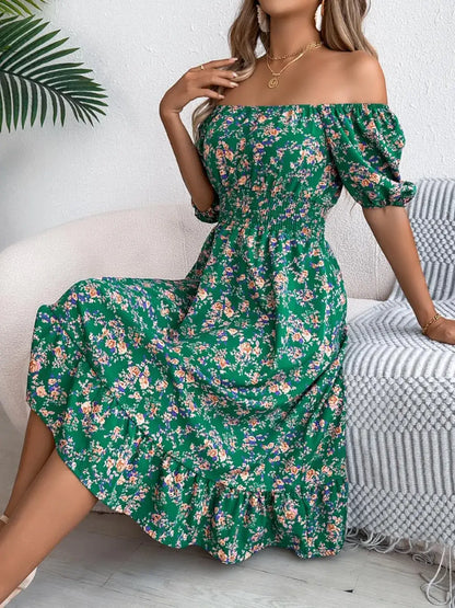 Ruffled Hem Floral Puff Sleeve Dress - Dark Green / S - dress