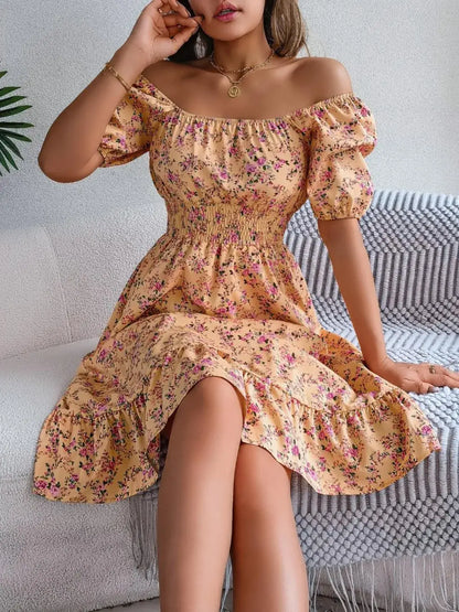 Ruffled Hem Floral Puff Sleeve Dress - Tan / S - dress