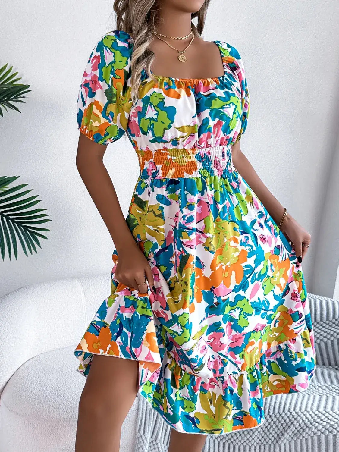 Ruffled Hem Smocked Floral Short Sleeve Midi Dress - dress