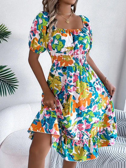 Ruffled Hem Smocked Floral Short Sleeve Midi Dress - dress