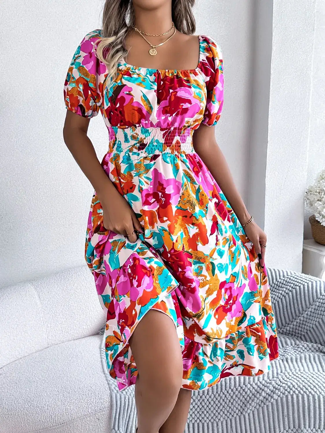 Ruffled Hem Smocked Floral Short Sleeve Midi Dress - dress