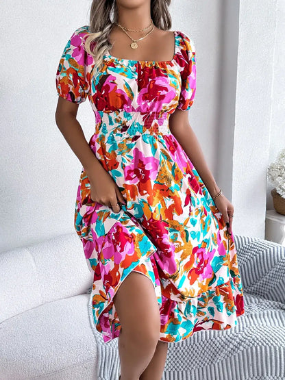 Ruffled Hem Smocked Floral Short Sleeve Midi Dress - dress