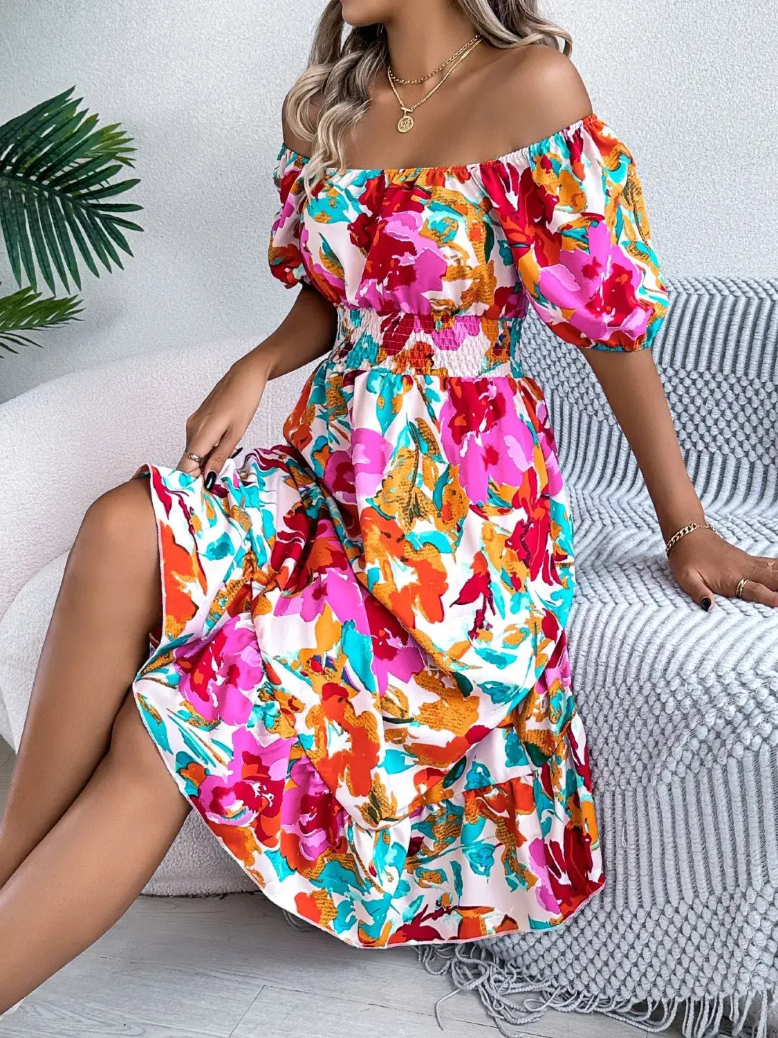 Ruffled Hem Smocked Floral Short Sleeve Midi Dress - dress