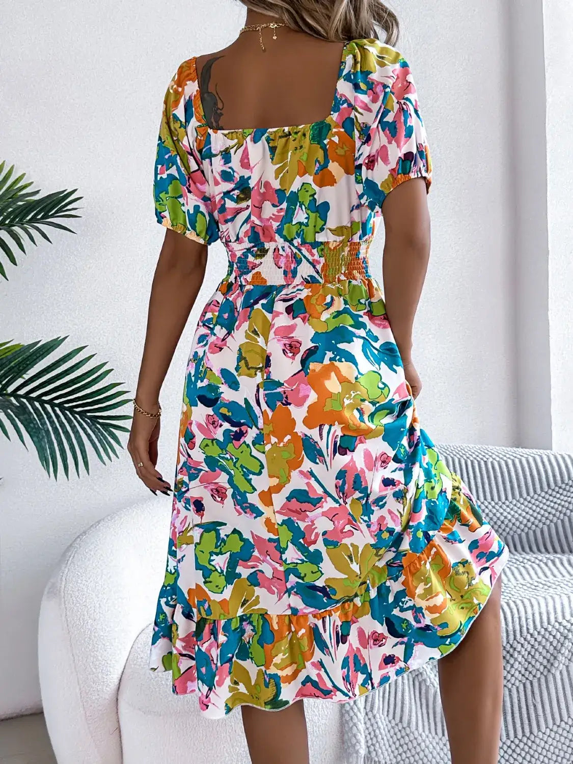 Ruffled Hem Smocked Floral Short Sleeve Midi Dress - dress