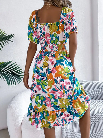 Ruffled Hem Smocked Floral Short Sleeve Midi Dress - dress