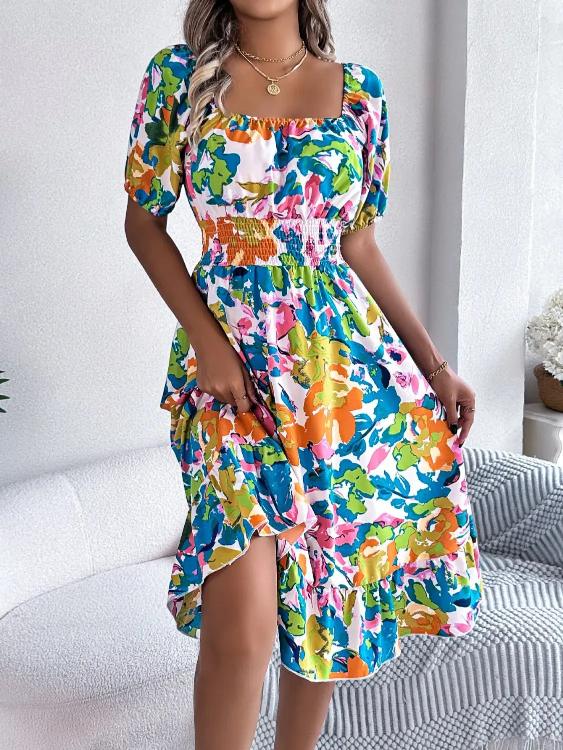 Ruffled Hem Smocked Floral Short Sleeve Midi Dress - dress