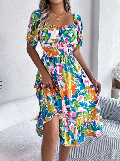 Ruffled Hem Smocked Floral Short Sleeve Midi Dress - dress