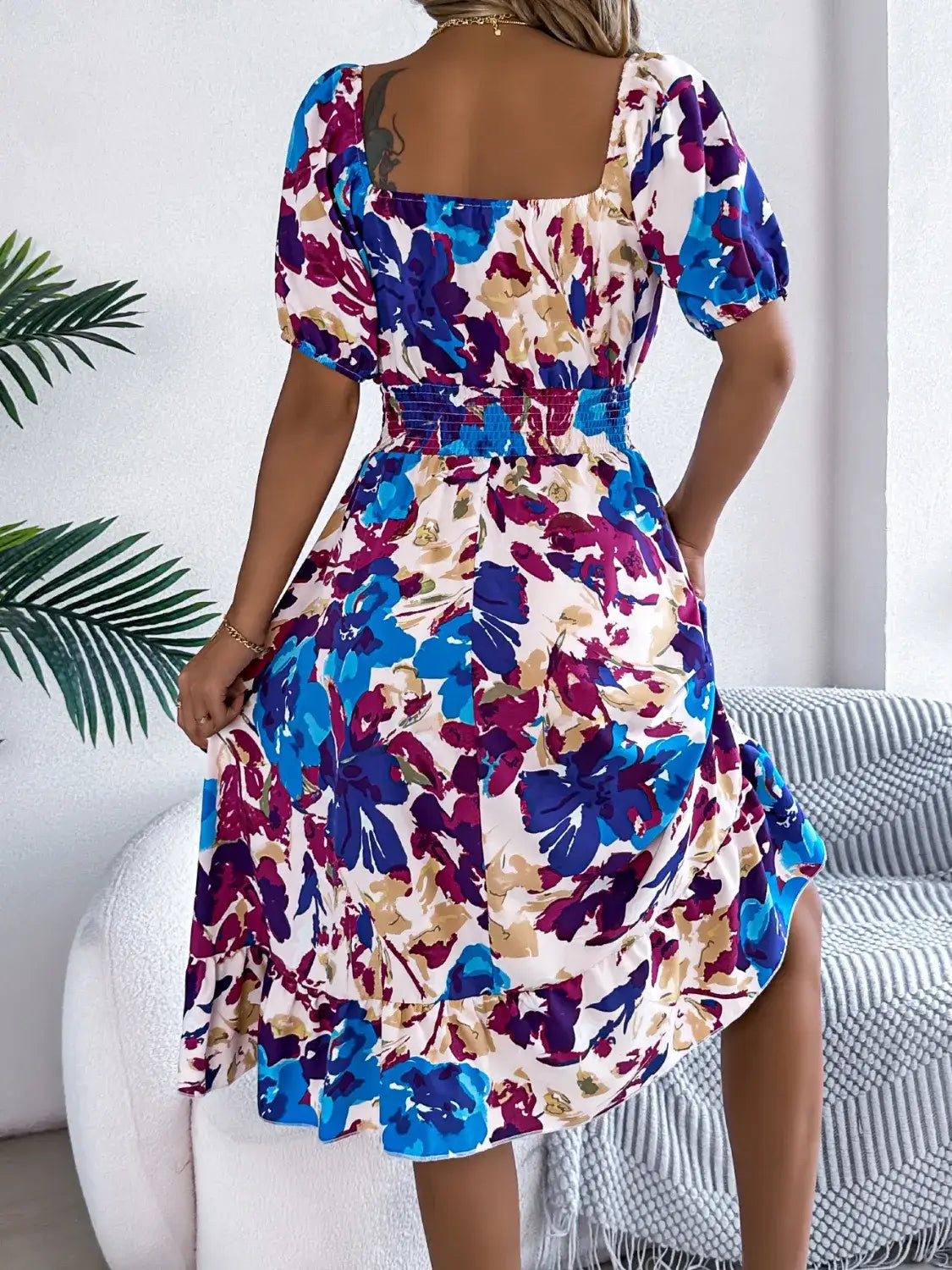 Ruffled Hem Smocked Floral Short Sleeve Midi Dress - dress