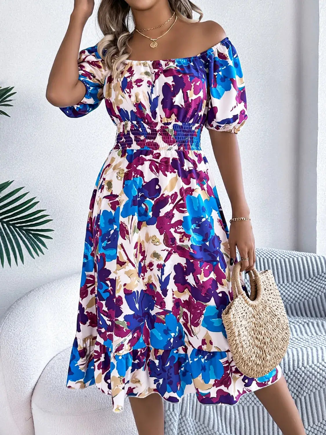 Ruffled Hem Smocked Floral Short Sleeve Midi Dress - dress