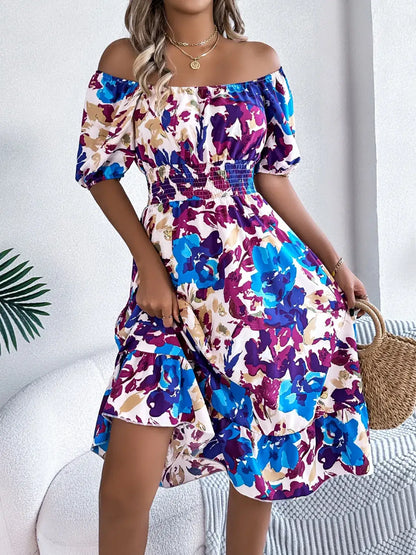 Ruffled Hem Smocked Floral Short Sleeve Midi Dress - dress