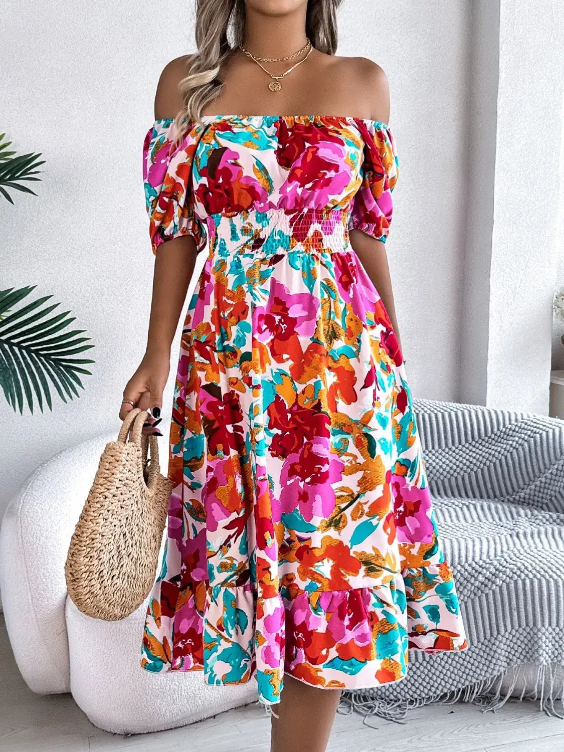 Ruffled Hem Smocked Floral Short Sleeve Midi Dress - dress