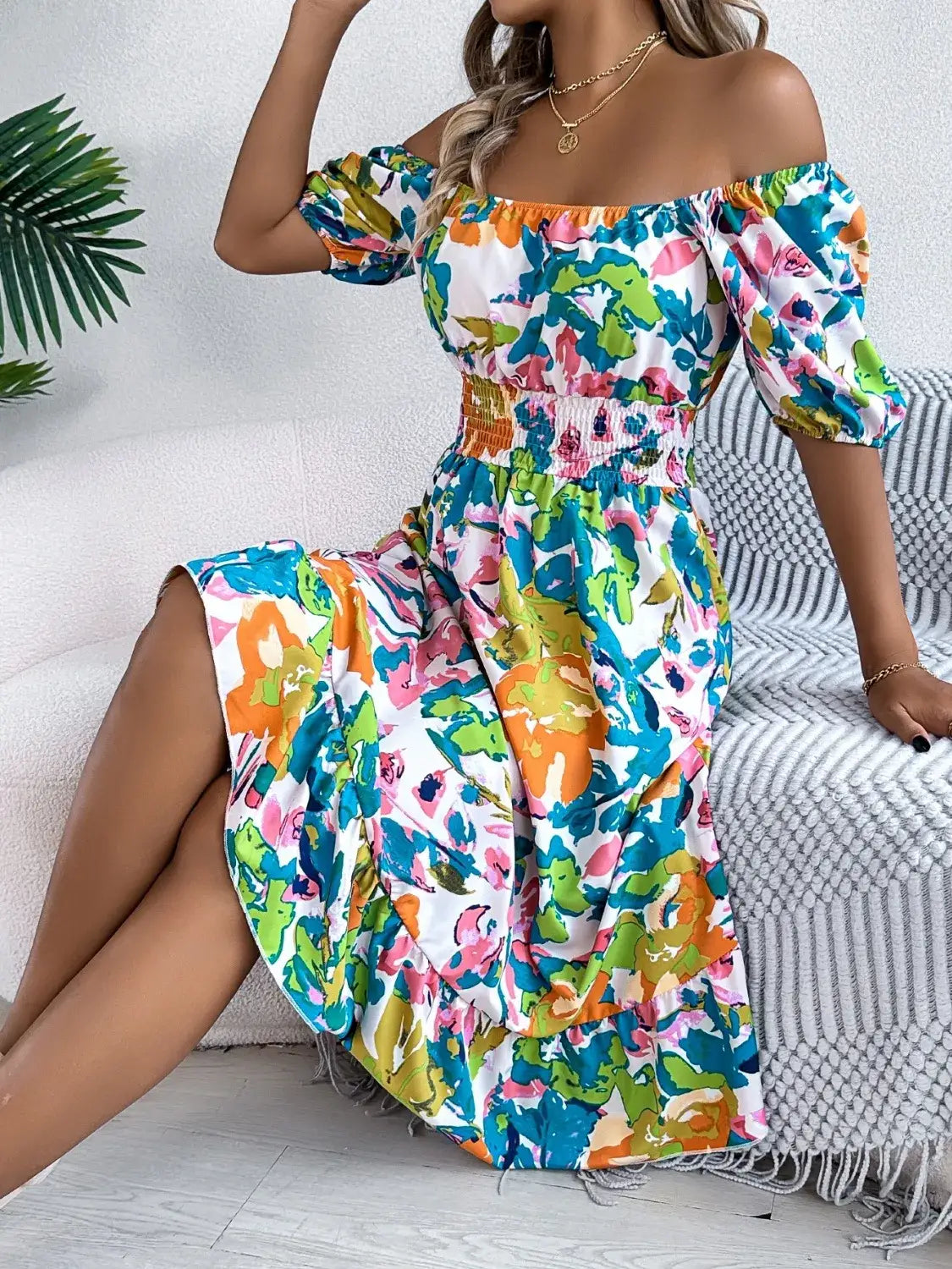 Ruffled Hem Smocked Floral Short Sleeve Midi Dress - Green / S - dress