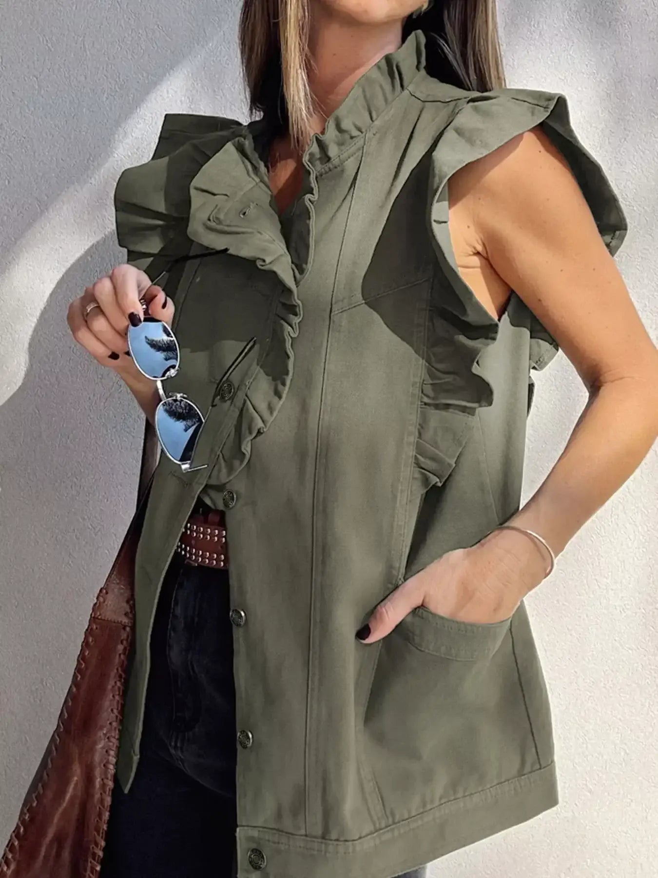 Ruffled Patchwork Denim Jacket Vest - Jacket Vest