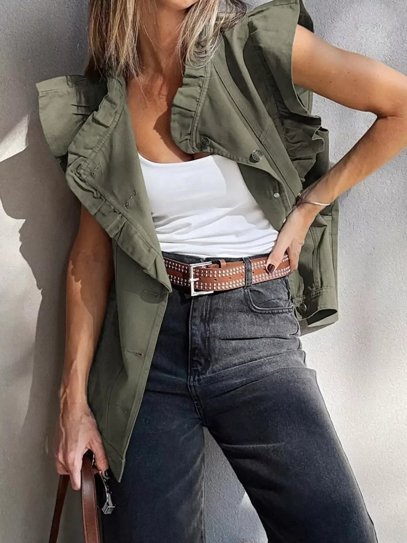 Ruffled Patchwork Denim Jacket Vest - Army Green / S - Jacket Vest