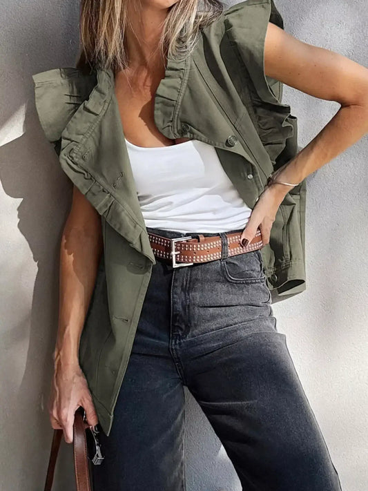 Ruffled Patchwork Denim Jacket Vest - Army Green / S - Jacket Vest