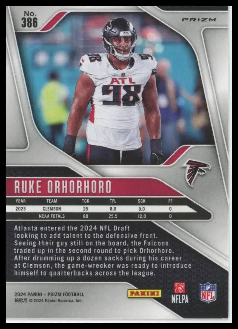 Collectible Panini Prizm trading card of Ruke Orhorhoro Atlanta Falcons rookie 2024
