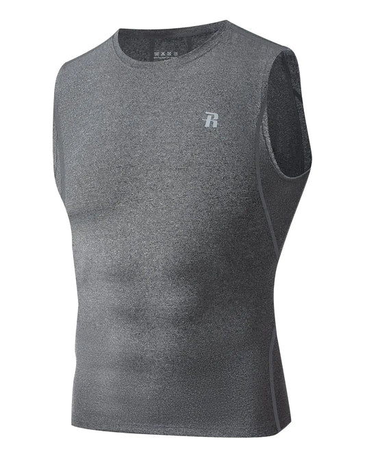Gray sleeveless compression shirt for men, ideal for gym workout and running activities