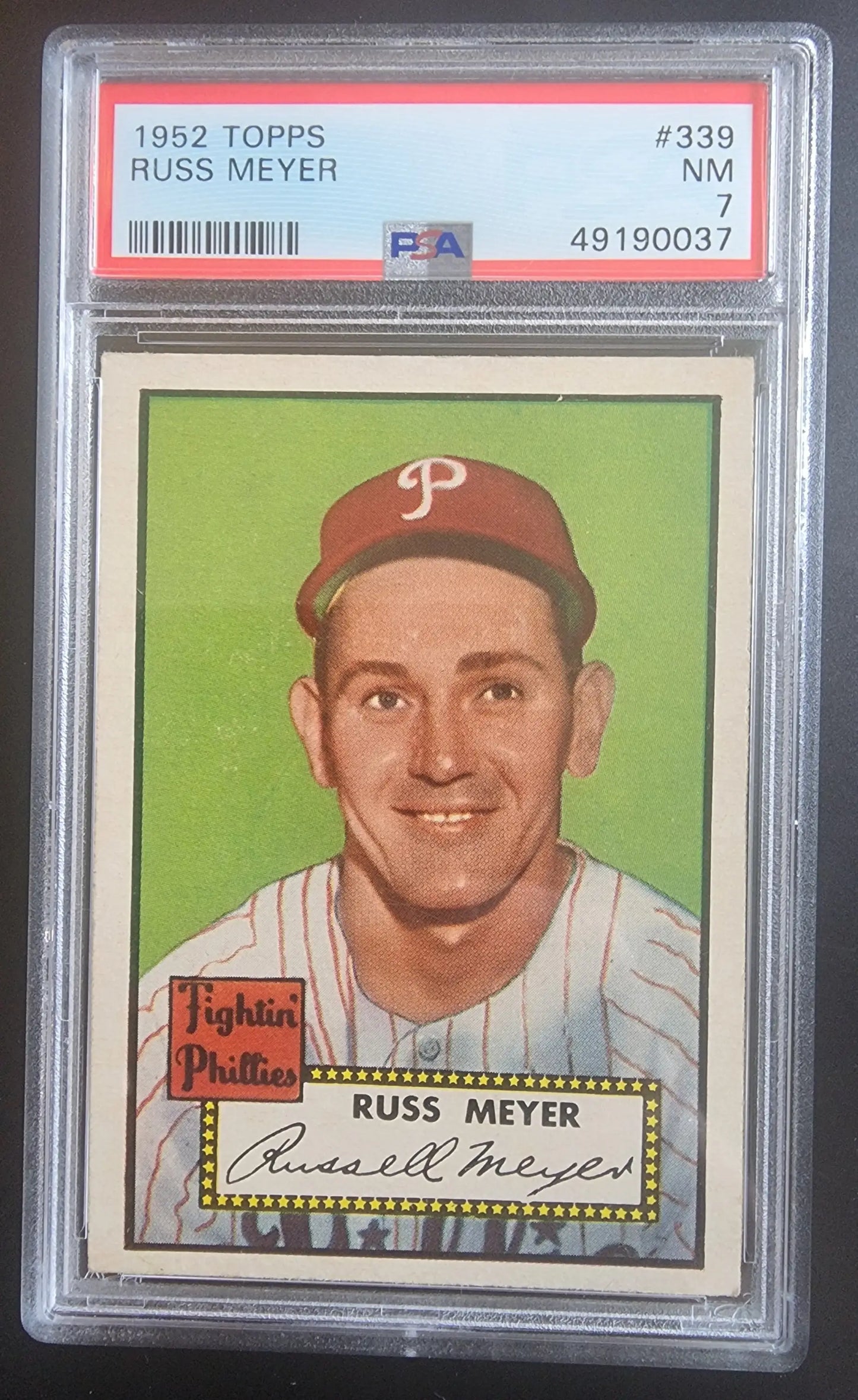 PSA-graded Russ Meyer 1952 Topps #339 baseball card in protective case for collectors